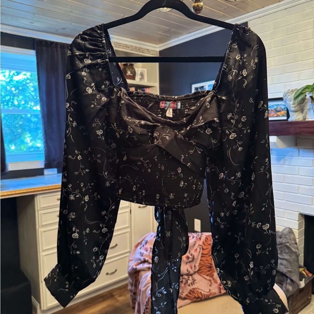 Urban Outfitters Black Blouse with White Floral Design